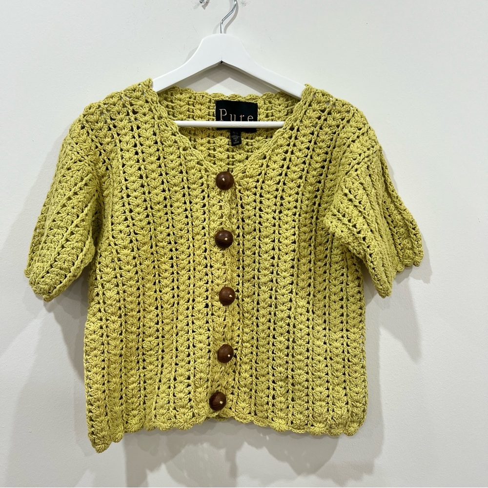 Pure Handknit Crocheted Cardigan with Brown Buttons 100% Cotton Lime Green